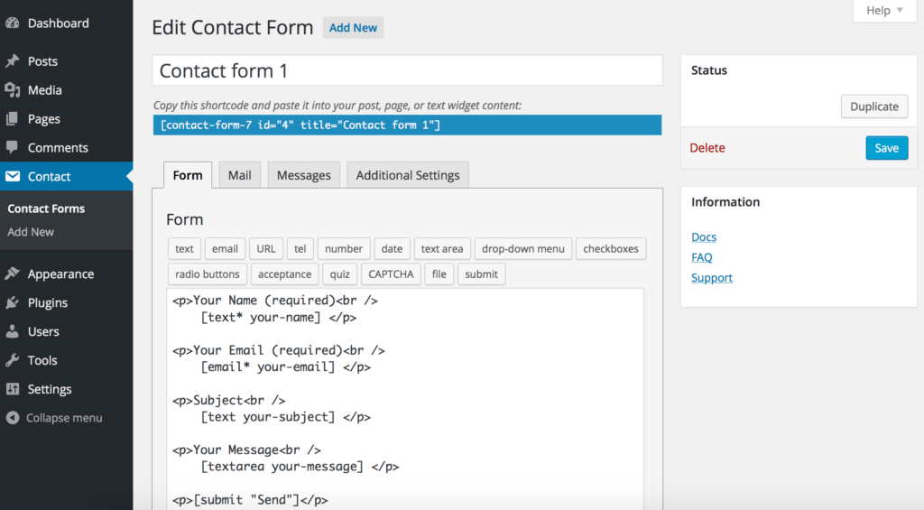 Contact form dahboard