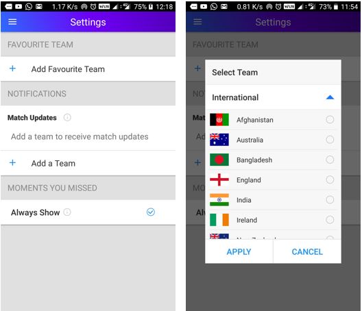 Yahoo cricket app settings