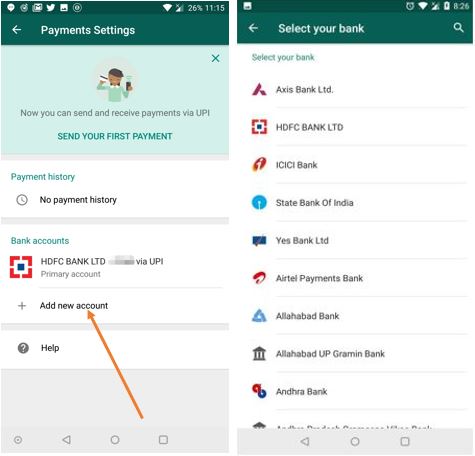 Add multiple bank accounts or link new bank account in Whatsapp Payments