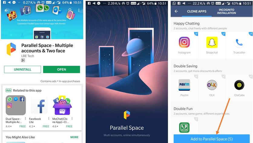 How to use parallel space to create multiple account apps