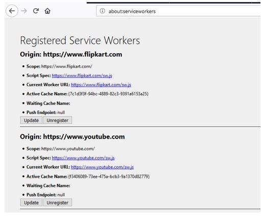 Registered Service Workers firefox