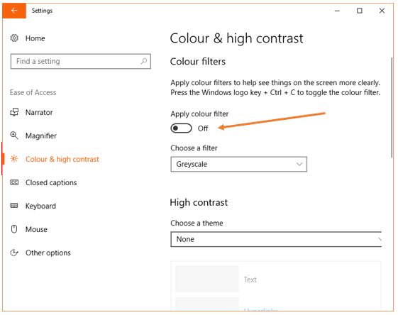 windows 10 black and white colour filters