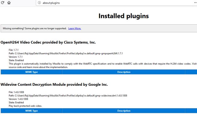 command to know about the installed plugins of the Firefox quantum