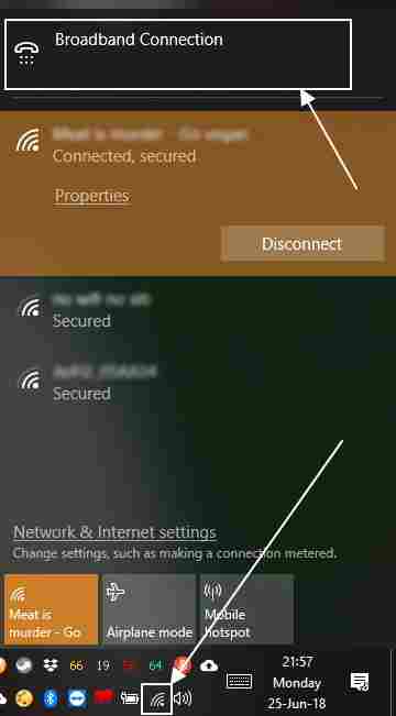 internet connection from the taskbar