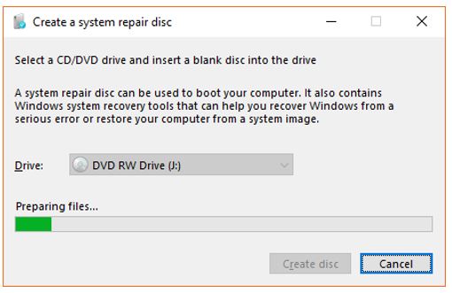 click on Create disc button to start system reapir disk burning