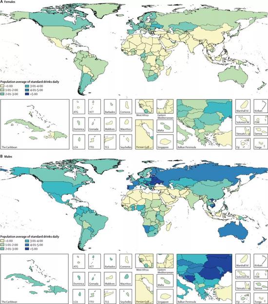 map of the average alcohol intake of women (above) and men (below)