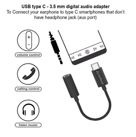 Stuffcool USB Type C to 3.5mm Aux Digital Audio Headphone Jack Adapter Connector 12 cm – Black