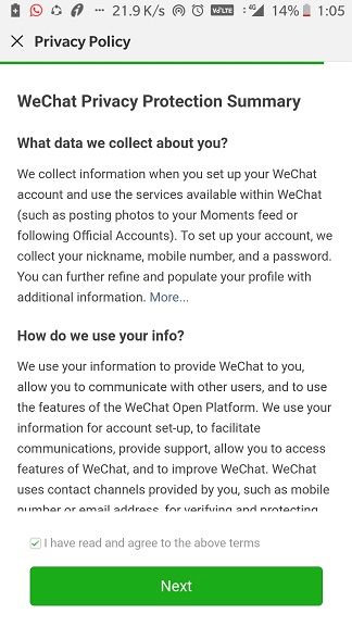 Wechat account creation terms.