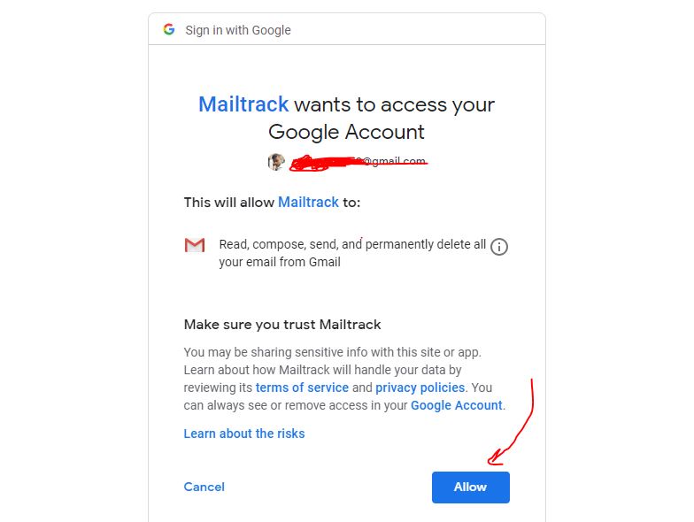 mailtrack wants to access your Google Account