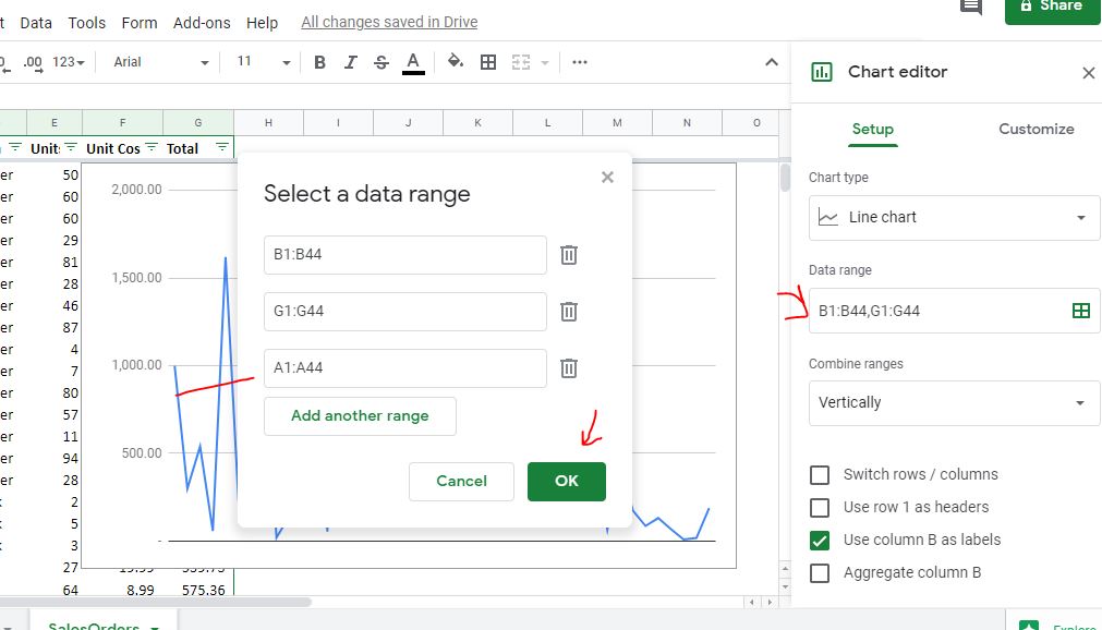Add data range to Line graph on Google Sheet