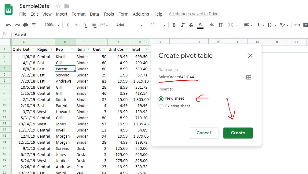 Create pivot table in Google sheet