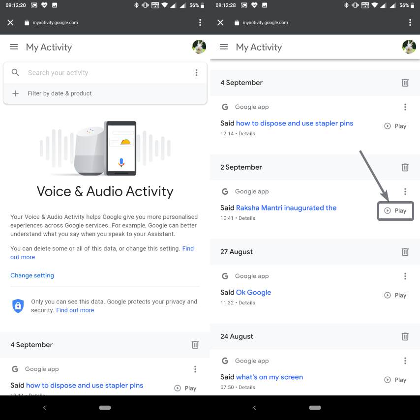 Play and Select the Voice recorded by Google
