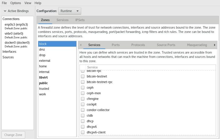 firewall-config graphical user interface on CentOS linux