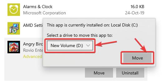 Move windows 10 installed apps from C Drive to D