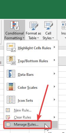 ‘Manage Rules…’ under ‘Conditional Formatting’.