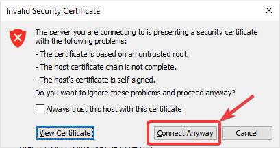 message about an invalid security certificate