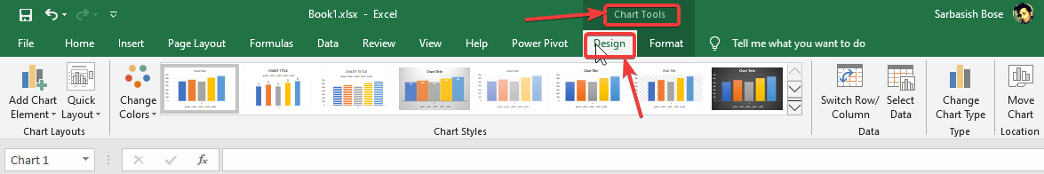 Design tab under Chart Tools tab of Excel