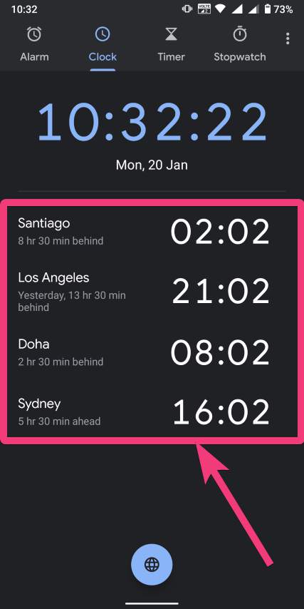 Different clock and time zones of different countries will appear on Android clock