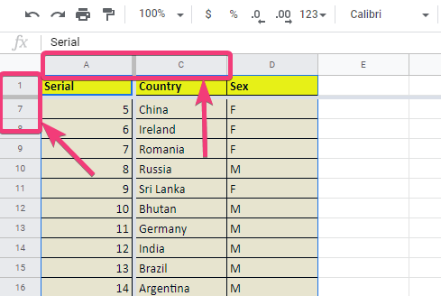 Freeze rows or columns in Google Sheets