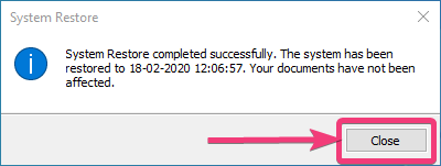 successfully completed creation of system restore