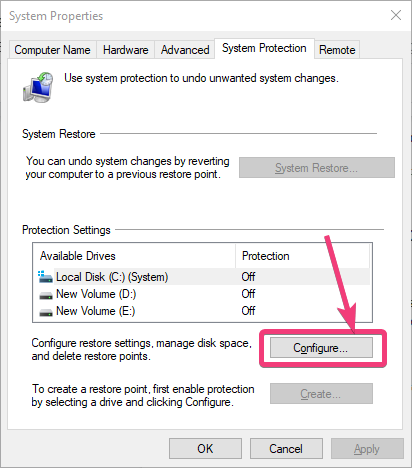 Configure System Restore on Windows 10 