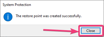The restore point was created successfully