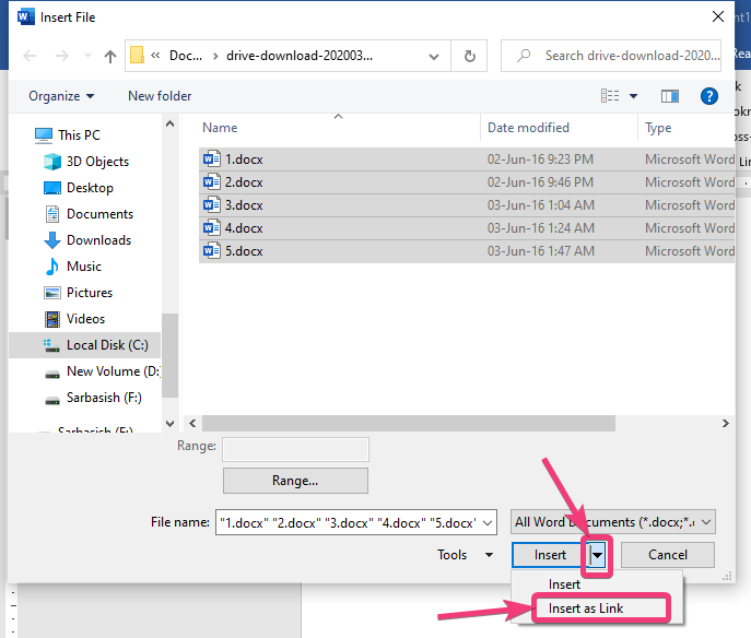 Append multiple files as Link in Microsoft word