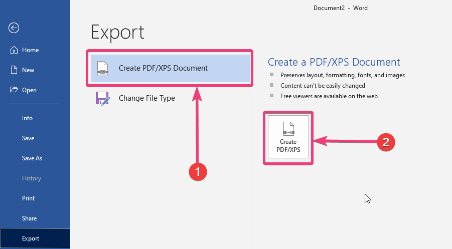 Create PDF/XPS’ button