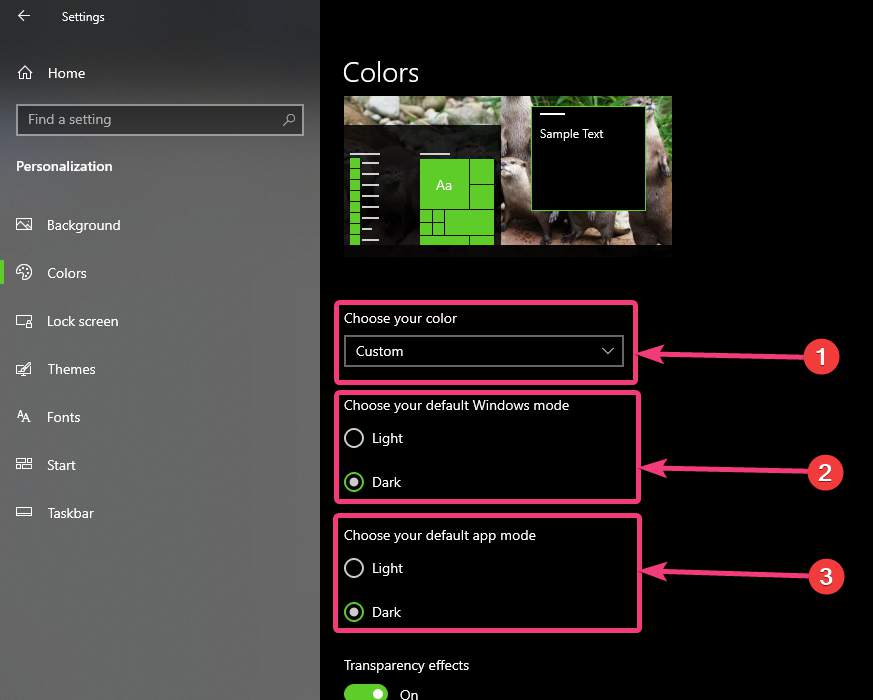 Setting the custom colour mode in Windows 10