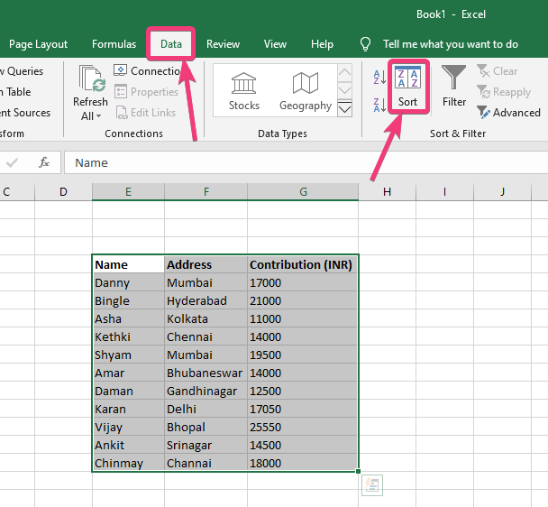Sort data on Excel 20