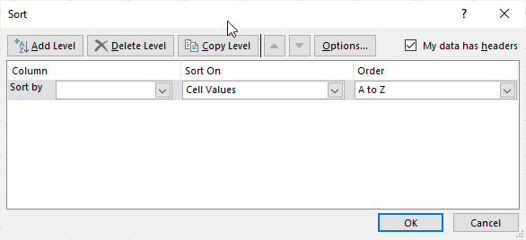 sort dialogue box will open up on Microsoft Excel