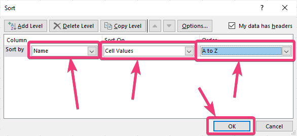 Sort data by date, time, alphabetically or cell value