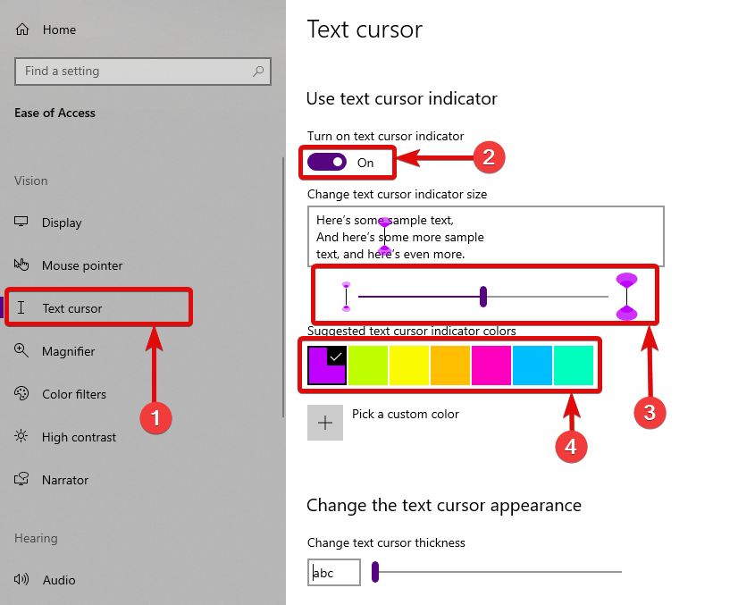 how to change color of text select cursor windows 10