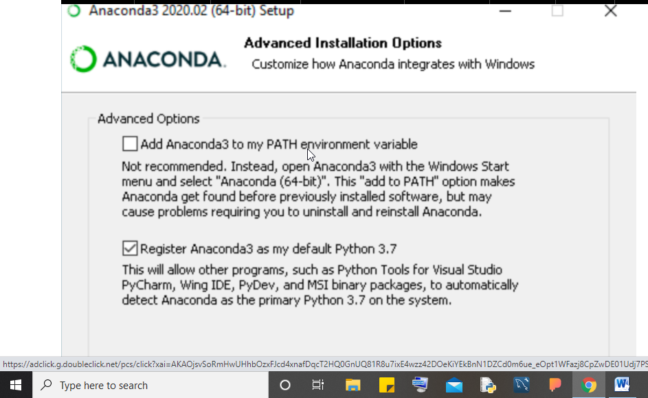 Anaconda installation for Python on Windows 10