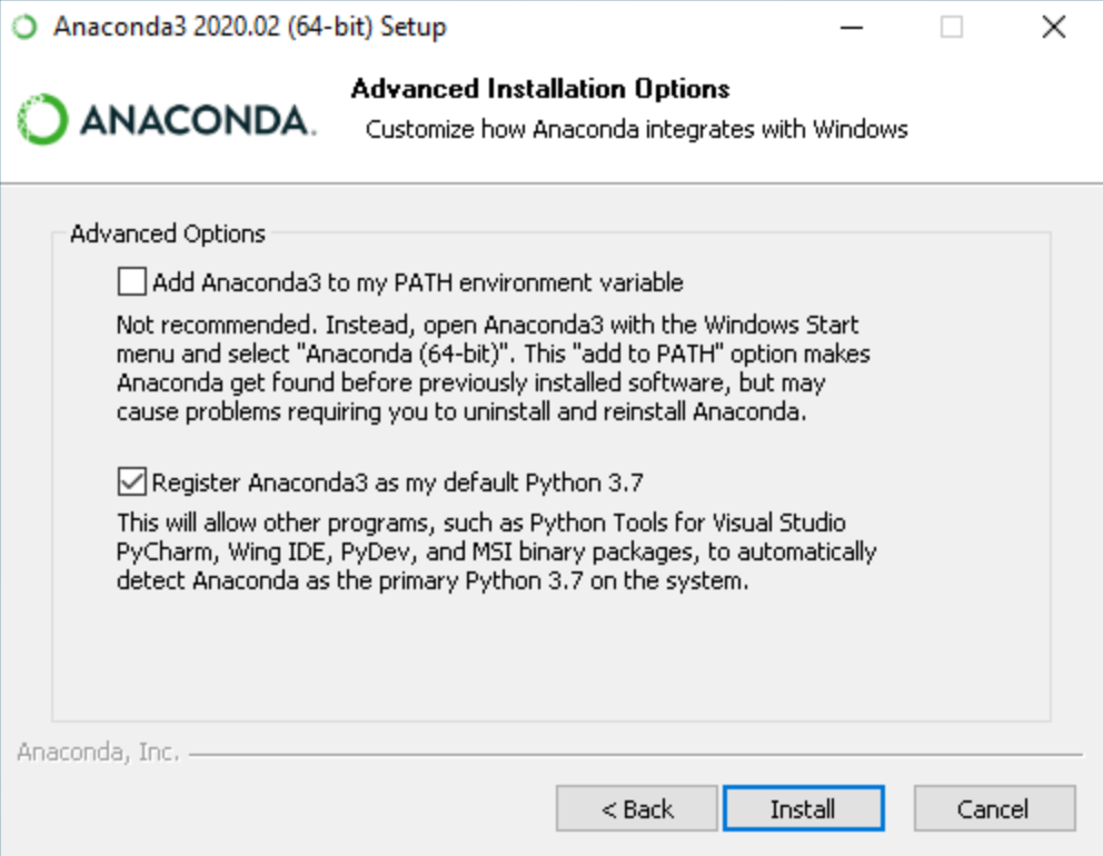 Anaconda Windows 10 install options