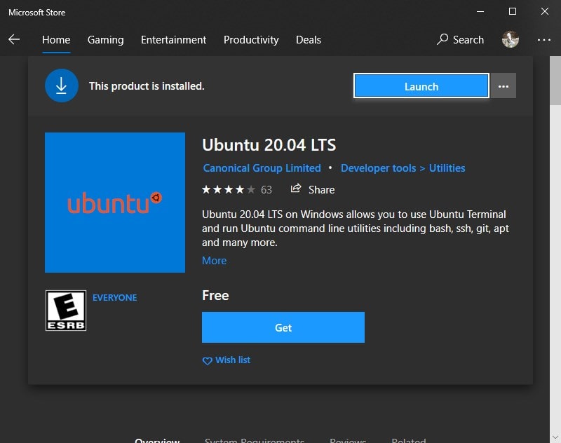 Installez l'application Ubuntu 20.04 WSL min.