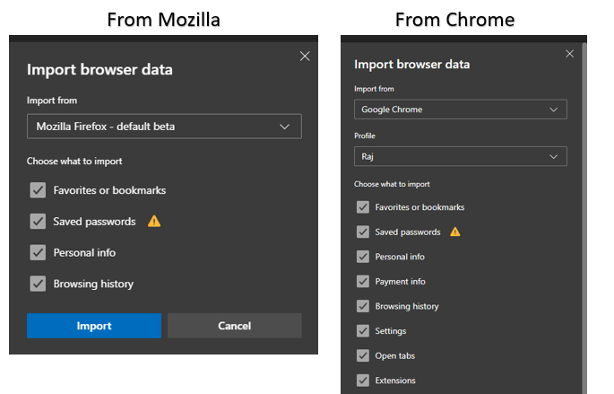 Edge Import browser data comparison
