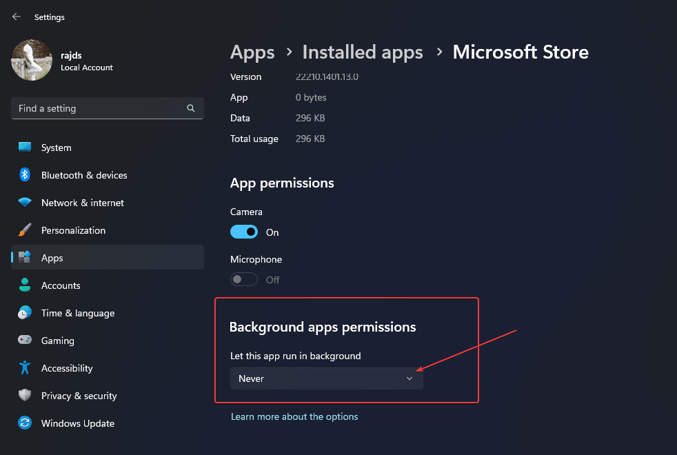 Turn off background apps permissions