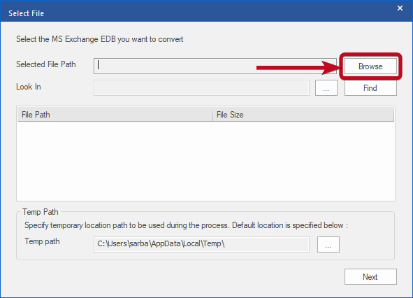 Select the MS Exchange EDB file you want to convert