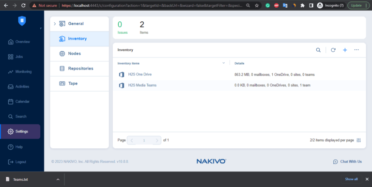 Dashboard Nakivo Backup with Teams