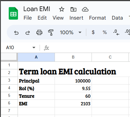 Formula to calculate loan EMI on a spreadsheet