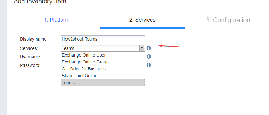 Next Select the Service of MS office 365 you want to baclup