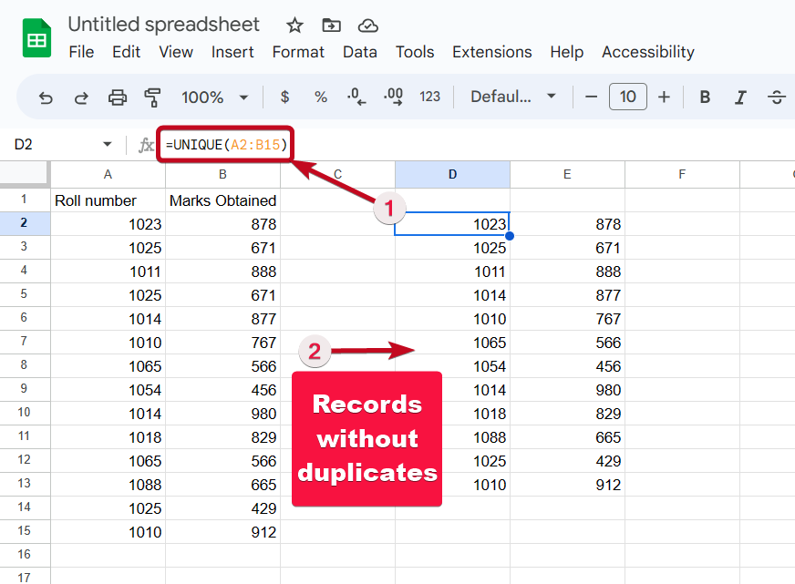 Records without duplicated Google sheet