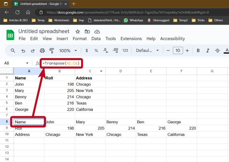 Transpose rows and coloumns in Google Sheets