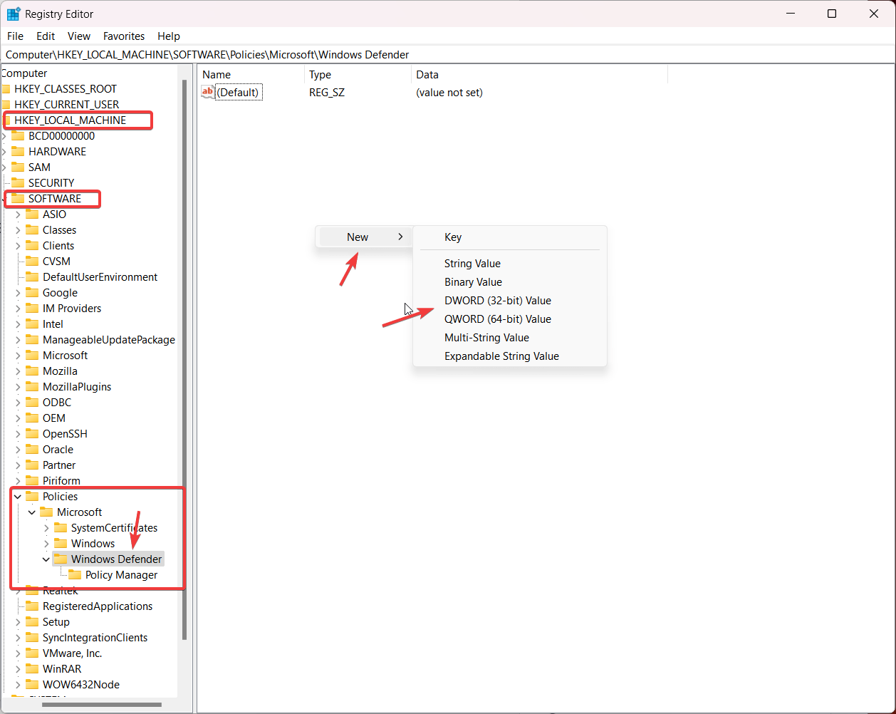 Create new entery for Window defender in registery