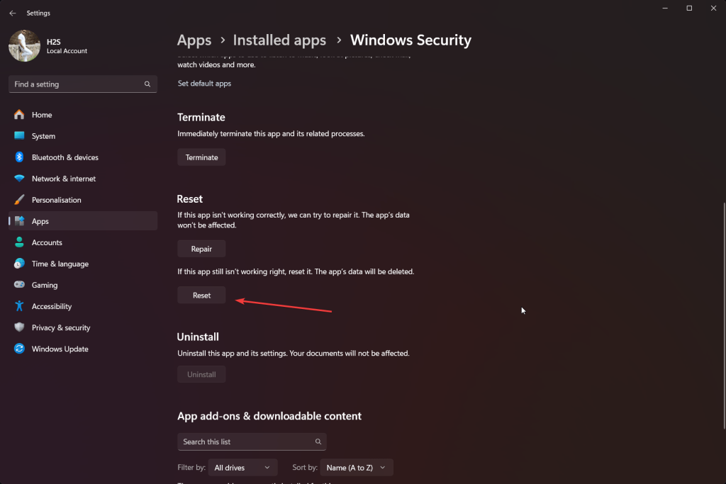 Reset Windows security App
