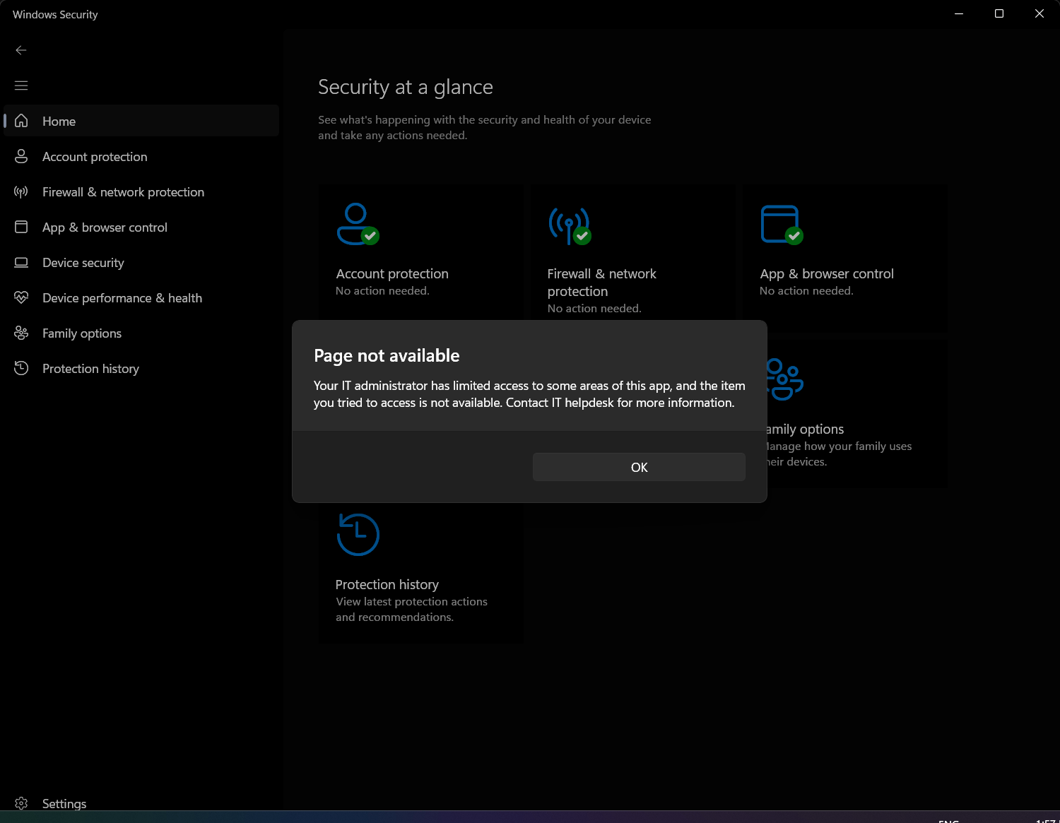 Virus and threat protection page not available in Windows 11