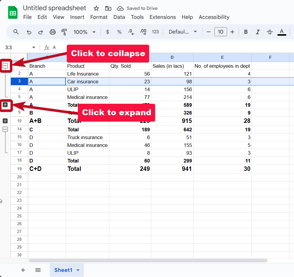 Expand the Groups in Google Sheets