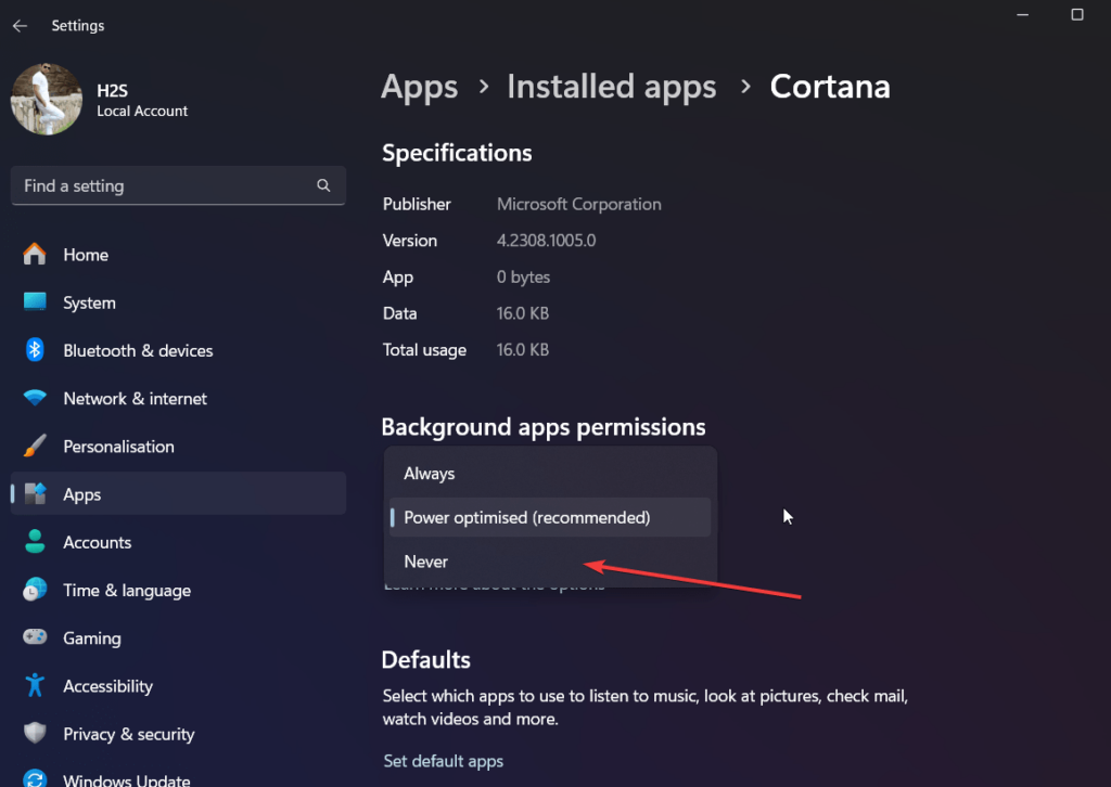 disable the app from running background in Windows