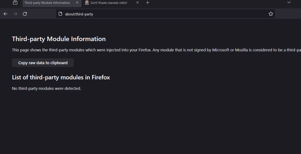 About command firefox provide details on third party utilities or applications integrated